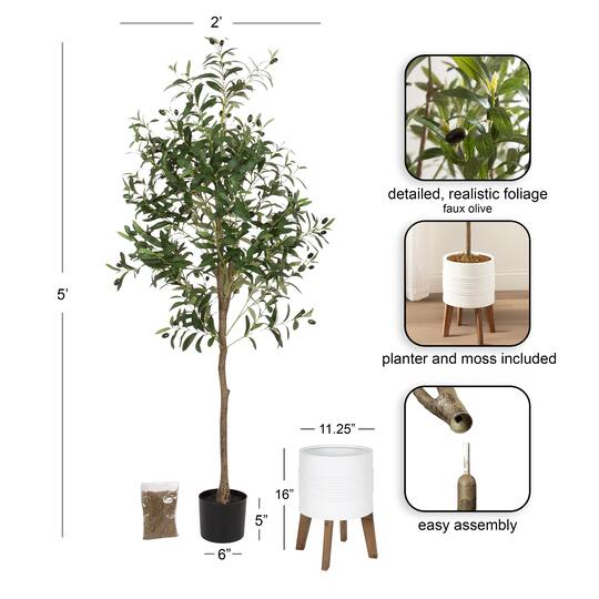 Kate and Laurel 5ft. Green Oliveira Faux Olive Tree in White Planter